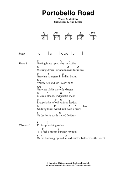 Cat Stevens Portobello Road sheet music notes and chords arranged for Guitar Chords/Lyrics