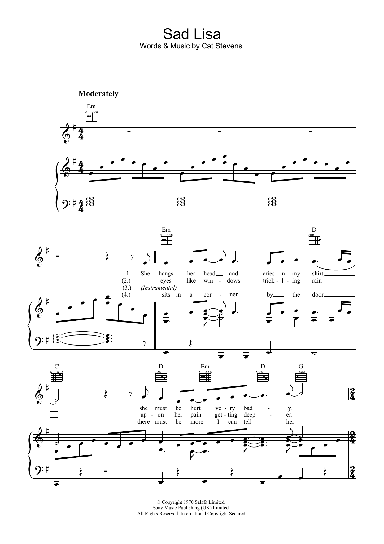 Cat Stevens Sad Lisa sheet music notes and chords arranged for Easy Piano