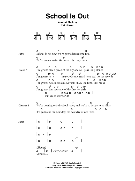 Cat Stevens School Is Out sheet music notes and chords arranged for Guitar Chords/Lyrics