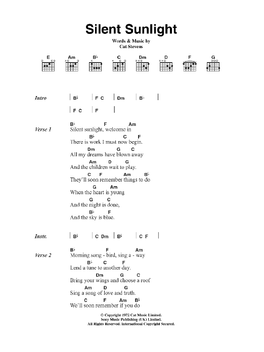 Cat Stevens Silent Sunlight sheet music notes and chords arranged for Guitar Chords/Lyrics