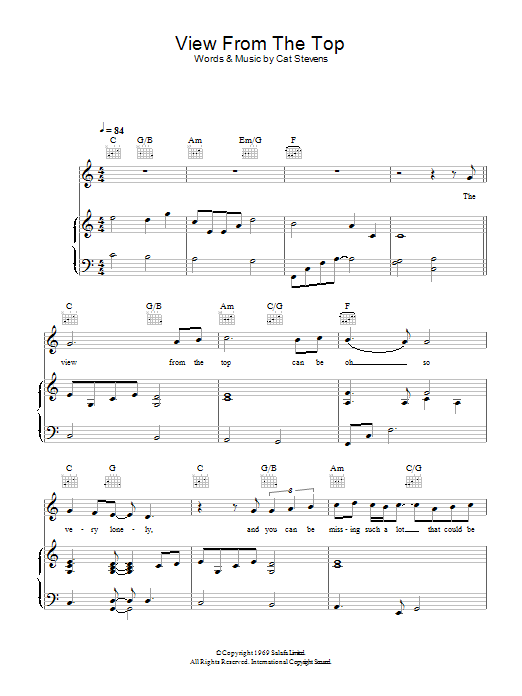 Cat Stevens The View From The Top sheet music notes and chords arranged for Piano, Vocal & Guitar Chords