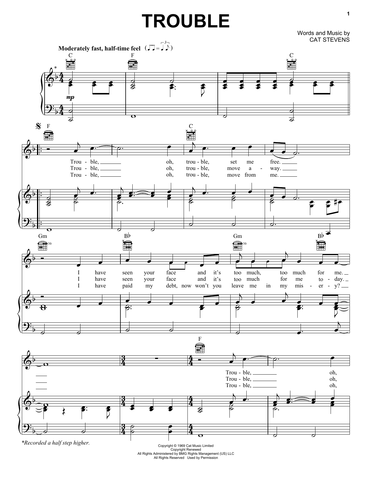 Cat Stevens Trouble sheet music notes and chords arranged for Piano, Vocal & Guitar Chords (Right-Hand Melody)