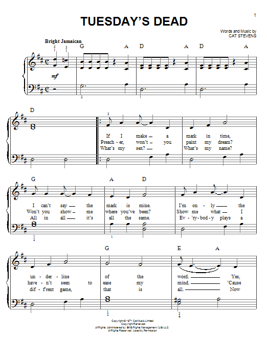 Cat Stevens Tuesday's Dead sheet music notes and chords arranged for Guitar Chords/Lyrics