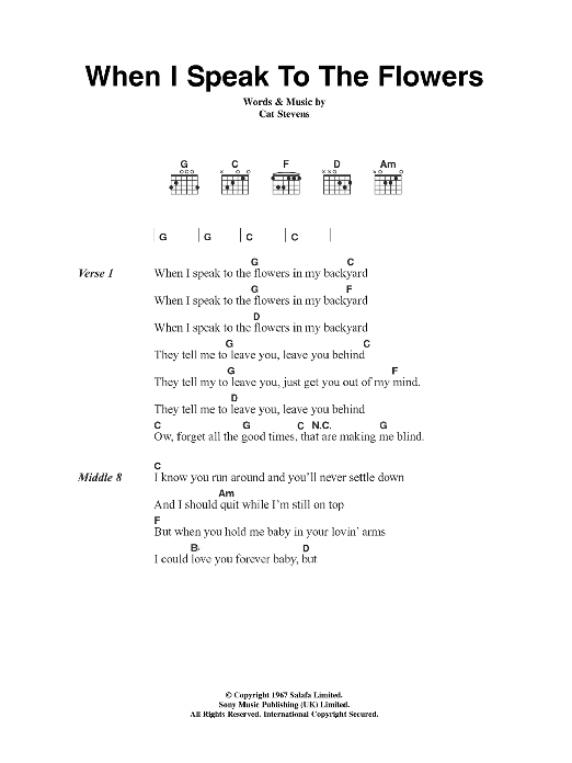 Cat Stevens When I Speak To The Flowers sheet music notes and chords arranged for Guitar Chords/Lyrics