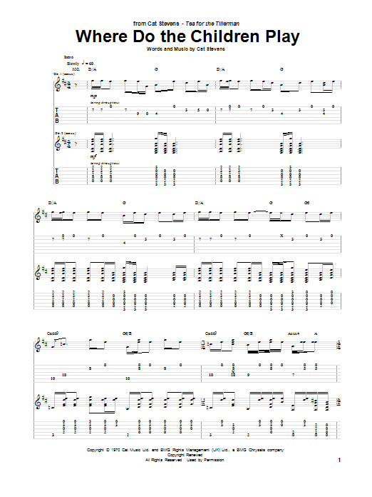 Cat Stevens Where Do The Children Play sheet music notes and chords arranged for Piano, Vocal & Guitar Chords (Right-Hand Melody)
