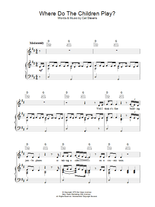 Cat Stevens Where Do The Children Play? sheet music notes and chords arranged for Piano, Vocal & Guitar Chords