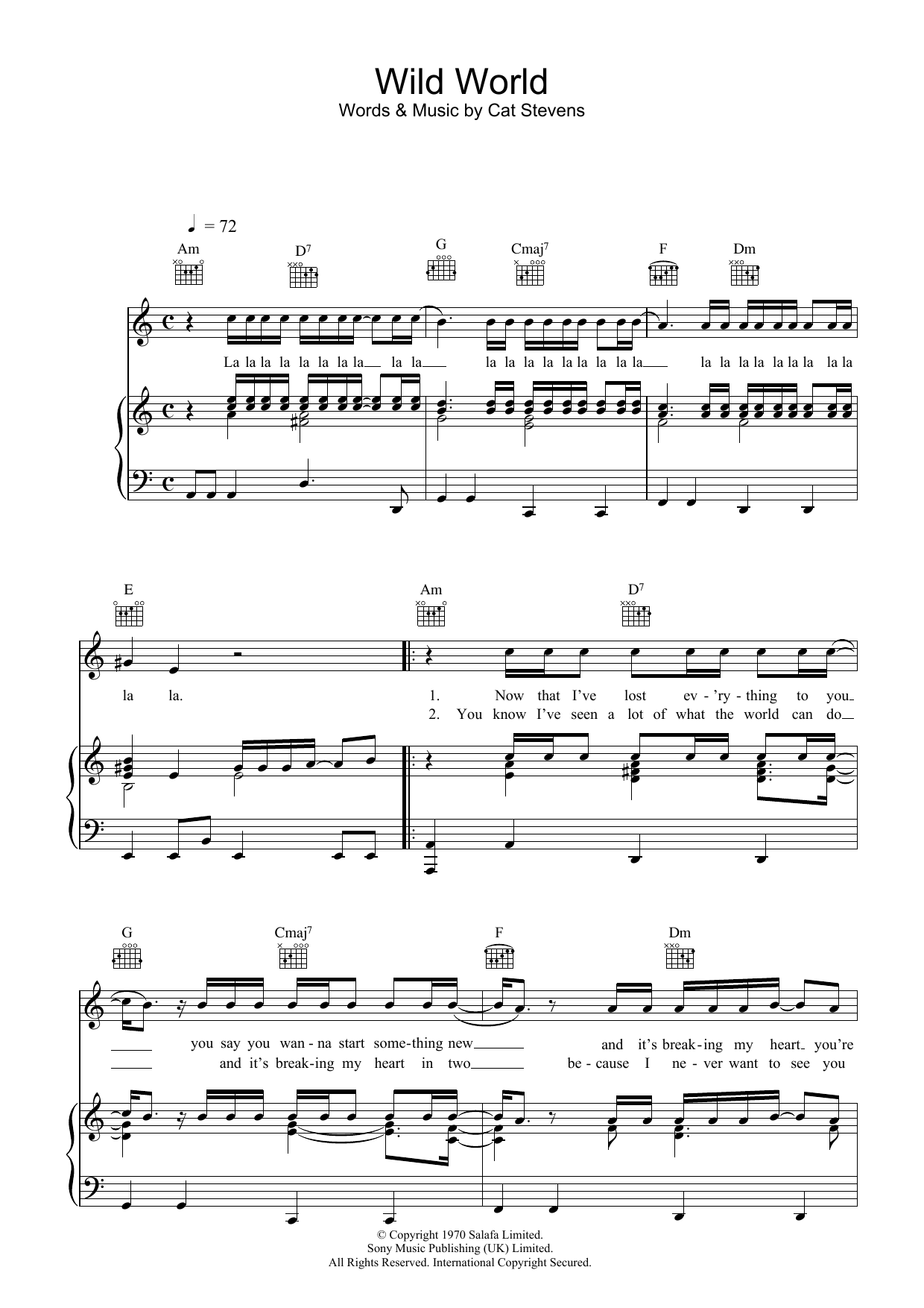 Cat Stevens Wild World sheet music notes and chords arranged for Piano Chords/Lyrics