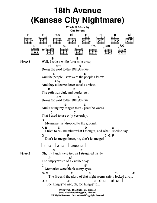 Cat Stevens 18th Avenue (Kansas City Nightmare) sheet music notes and chords arranged for Guitar Chords/Lyrics