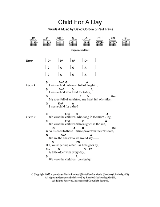 Cat Stevens Child For A Day sheet music notes and chords arranged for Guitar Chords/Lyrics