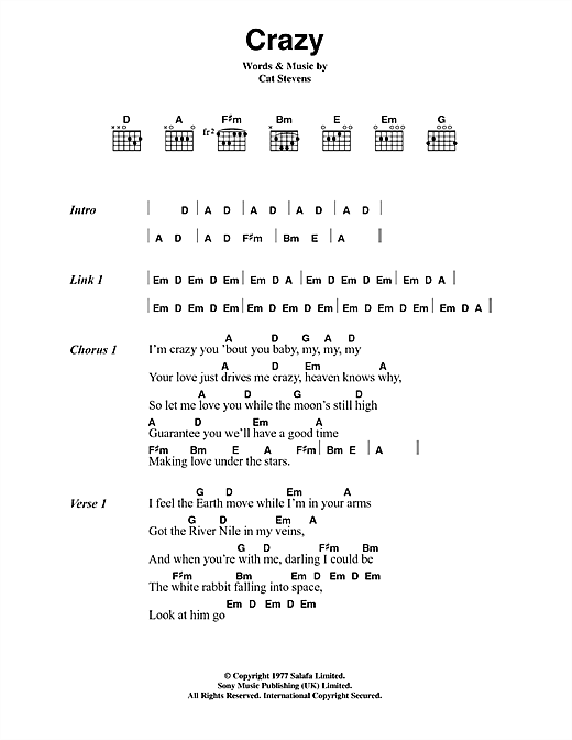 Cat Stevens Crazy sheet music notes and chords arranged for Guitar Chords/Lyrics