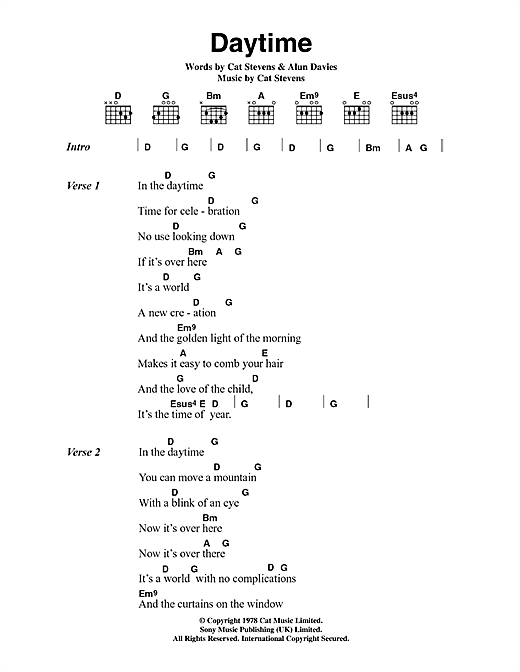 Cat Stevens Daytime sheet music notes and chords arranged for Guitar Chords/Lyrics