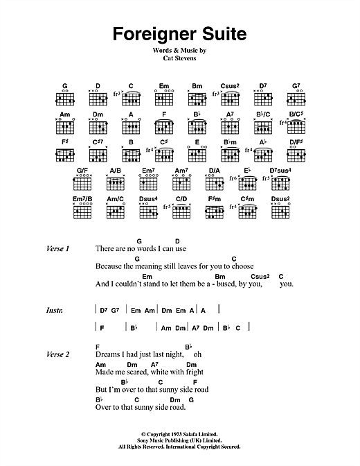 Cat Stevens Foreigner Suite sheet music notes and chords arranged for Guitar Chords/Lyrics