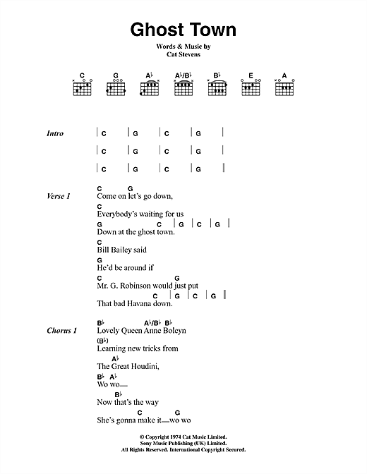 Cat Stevens Ghost Town sheet music notes and chords arranged for Guitar Chords/Lyrics