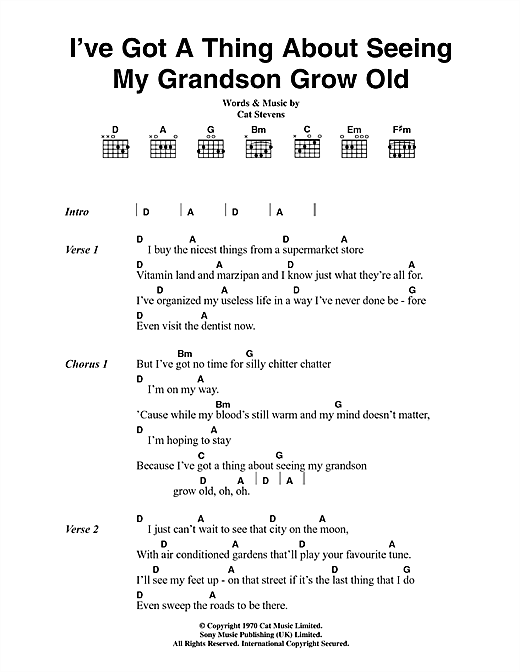 Cat Stevens I've Got A Thing About Seeing My Grandson Grow Old sheet music notes and chords arranged for Guitar Chords/Lyrics