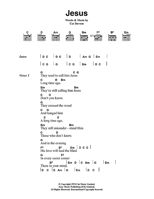 Cat Stevens Jesus sheet music notes and chords arranged for Guitar Chords/Lyrics