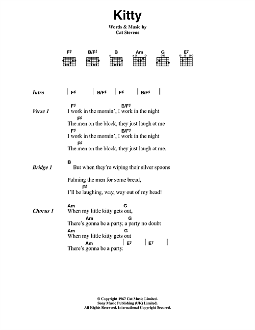 Cat Stevens Kitty sheet music notes and chords arranged for Guitar Chords/Lyrics