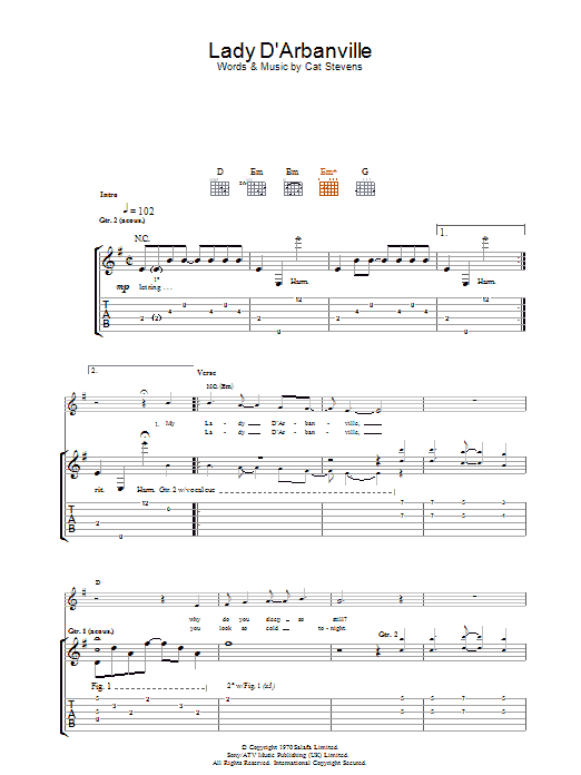 Cat Stevens Lady D'Arbanville sheet music notes and chords. Download Printable PDF.
