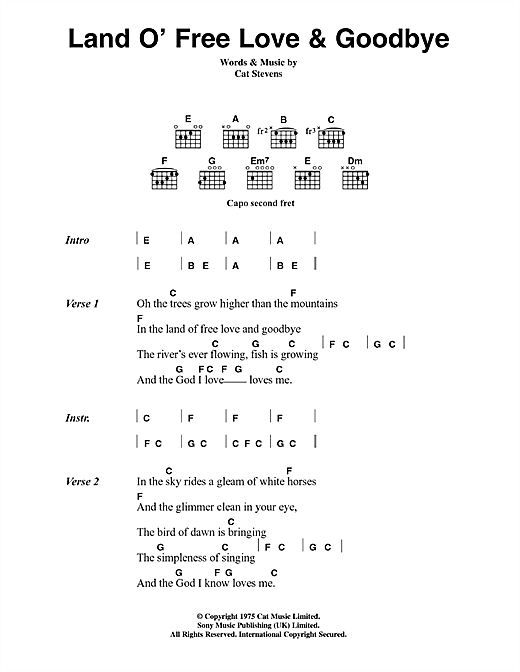 Cat Stevens Land O' Free Love & Goodbye sheet music notes and chords arranged for Guitar Chords/Lyrics
