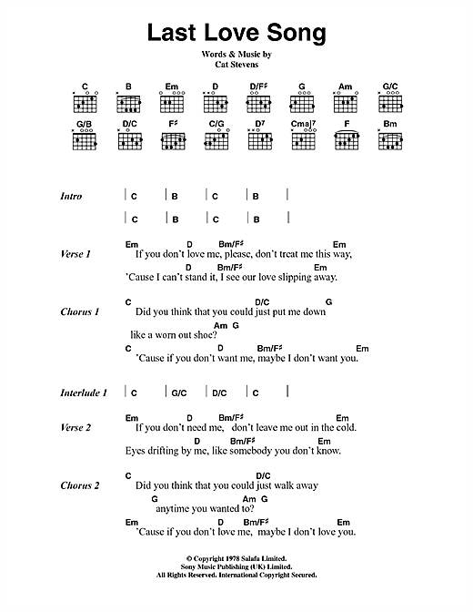 Cat Stevens Last Love Song sheet music notes and chords arranged for Guitar Chords/Lyrics