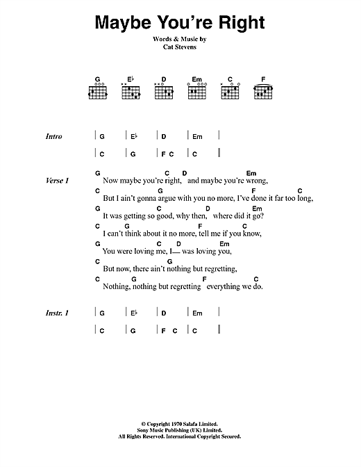 Cat Stevens Maybe You're Right sheet music notes and chords arranged for Guitar Chords/Lyrics