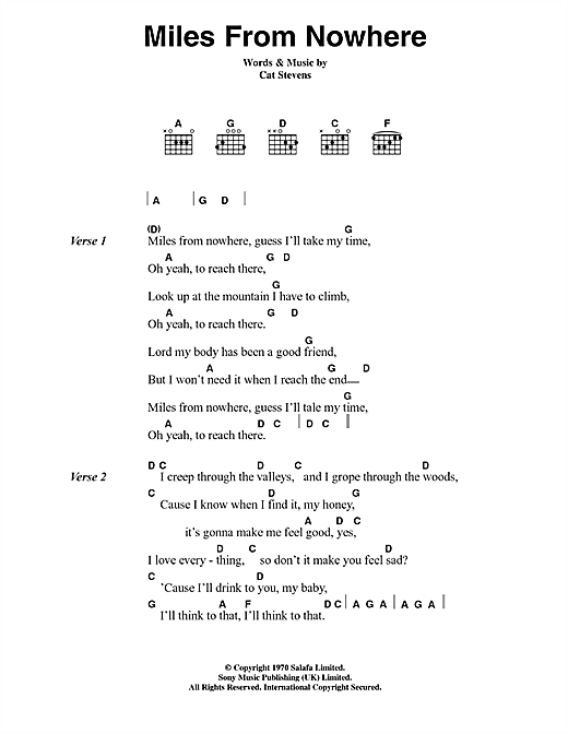 Cat Stevens Miles From Nowhere sheet music notes and chords arranged for Guitar Chords/Lyrics