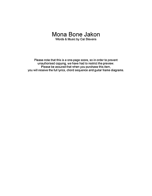 Cat Stevens Mona Bone Jakon sheet music notes and chords arranged for Guitar Chords/Lyrics