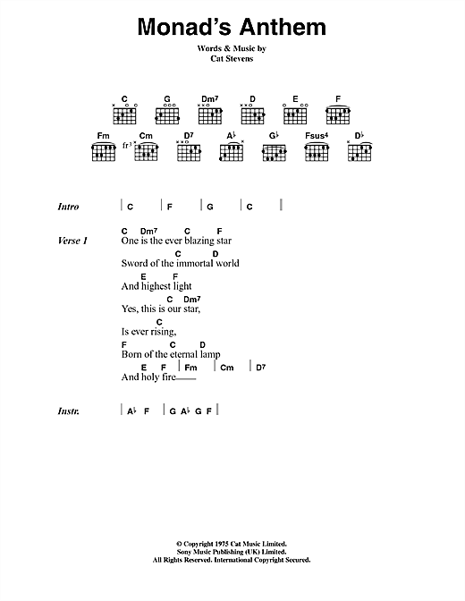 Cat Stevens Monad's Anthem sheet music notes and chords arranged for Guitar Chords/Lyrics