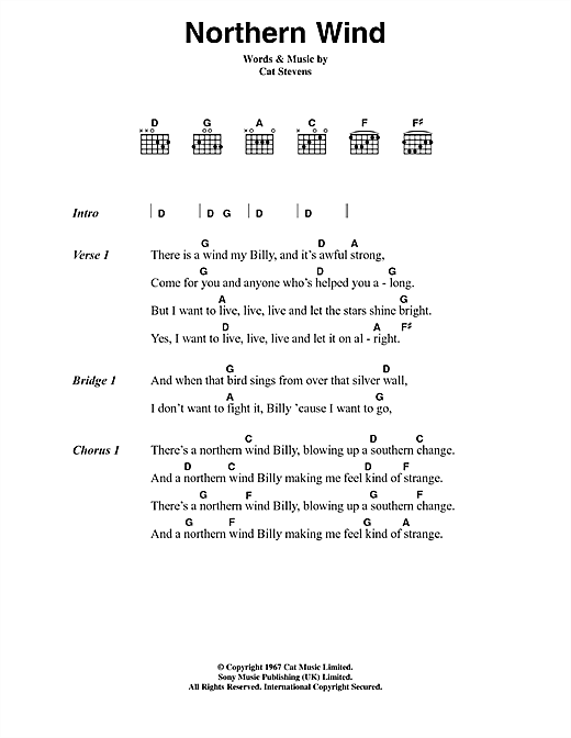 Cat Stevens Northern Wind sheet music notes and chords arranged for Guitar Chords/Lyrics