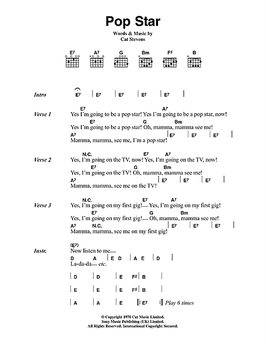 Cat Stevens Pop Star sheet music notes and chords arranged for Guitar Chords/Lyrics
