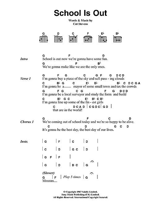 Cat Stevens School Is Out sheet music notes and chords arranged for Guitar Chords/Lyrics