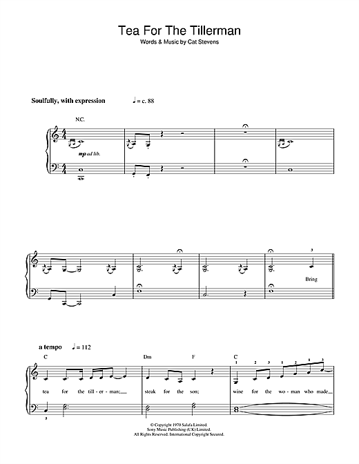 Cat Stevens Tea For The Tillerman (closing theme from Extras) sheet music notes and chords arranged for Beginner Piano