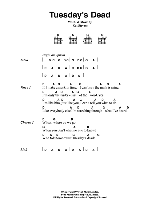 Cat Stevens Tuesday's Dead sheet music notes and chords arranged for Guitar Chords/Lyrics