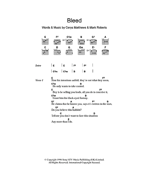 Catatonia Bleed sheet music notes and chords arranged for Guitar Chords/Lyrics