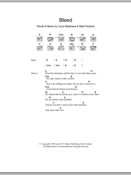 Catatonia Bleed sheet music notes and chords arranged for Guitar Chords/Lyrics