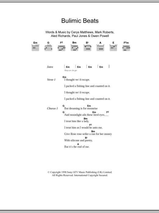 Catatonia Bulimic Beats sheet music notes and chords arranged for Guitar Chords/Lyrics