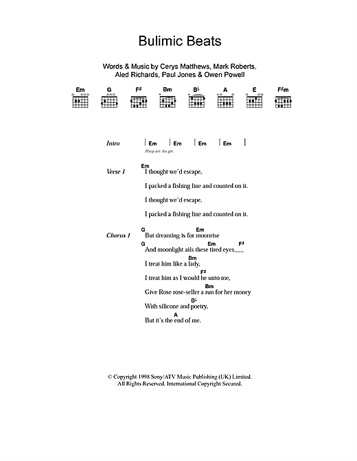 Catatonia Bulimic Beats sheet music notes and chords arranged for Guitar Chords/Lyrics