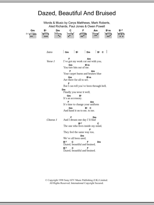Catatonia Dazed, Beautiful And Bruised sheet music notes and chords arranged for Piano, Vocal & Guitar Chords