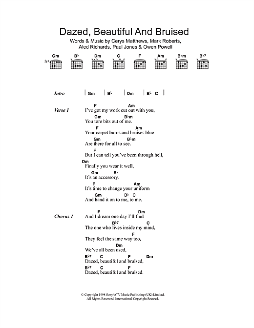 Catatonia Dazed, Beautiful And Bruised sheet music notes and chords arranged for Piano, Vocal & Guitar Chords