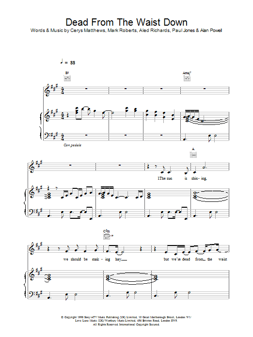 Catatonia Dead From The Waist Down sheet music notes and chords arranged for Guitar Chords/Lyrics
