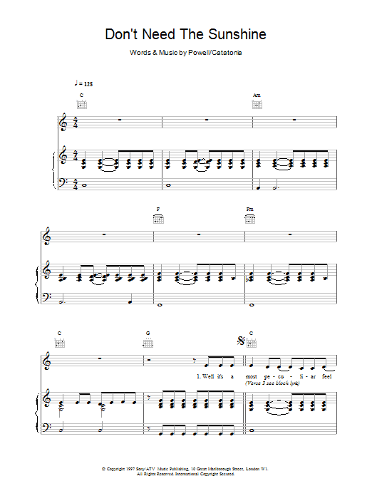 Catatonia Don't Need The Sunshine sheet music notes and chords arranged for Guitar Chords/Lyrics