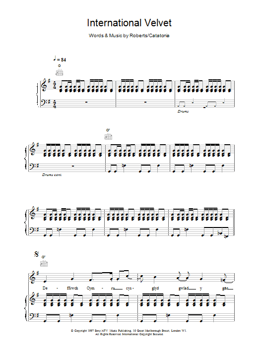 Catatonia International Velvet sheet music notes and chords arranged for Piano, Vocal & Guitar Chords