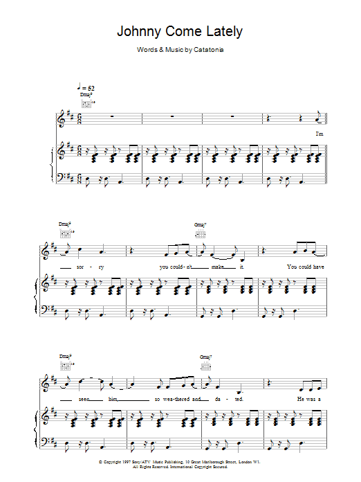 Catatonia Johnny Come Lately sheet music notes and chords arranged for Piano, Vocal & Guitar Chords