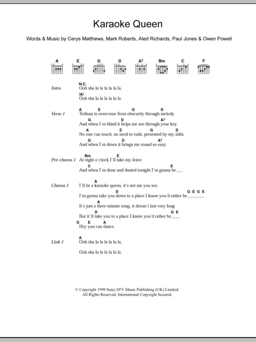 Catatonia Karaoke Queen sheet music notes and chords arranged for Piano, Vocal & Guitar Chords