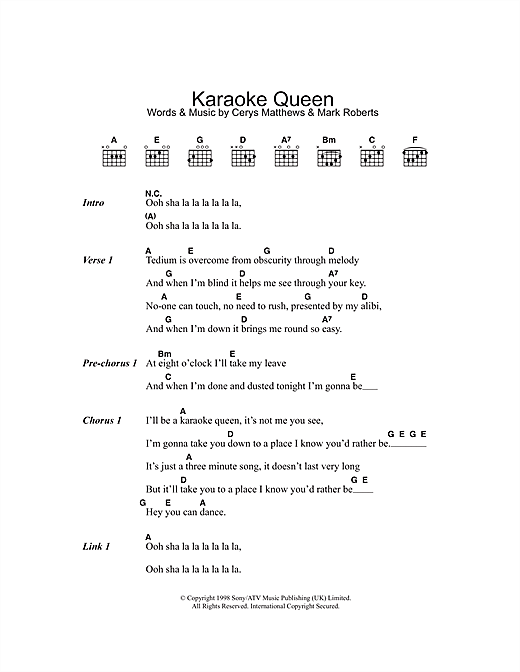 Catatonia Karaoke Queen sheet music notes and chords arranged for Piano, Vocal & Guitar Chords
