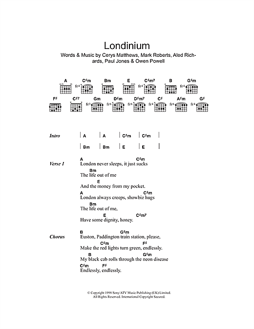 Catatonia Londinium sheet music notes and chords arranged for Piano, Vocal & Guitar Chords