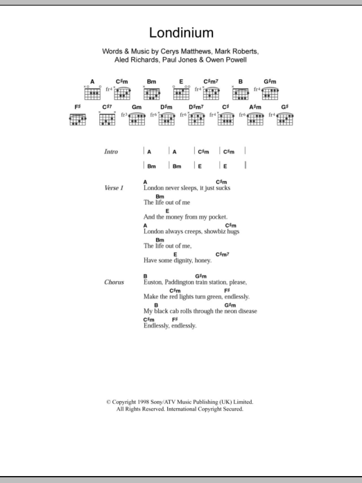 Catatonia Londinium sheet music notes and chords arranged for Guitar Chords/Lyrics