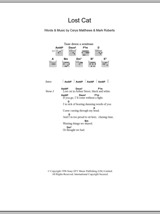Catatonia Lost Cat sheet music notes and chords arranged for Guitar Chords/Lyrics