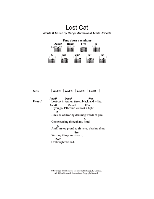Catatonia Lost Cat sheet music notes and chords arranged for Guitar Chords/Lyrics