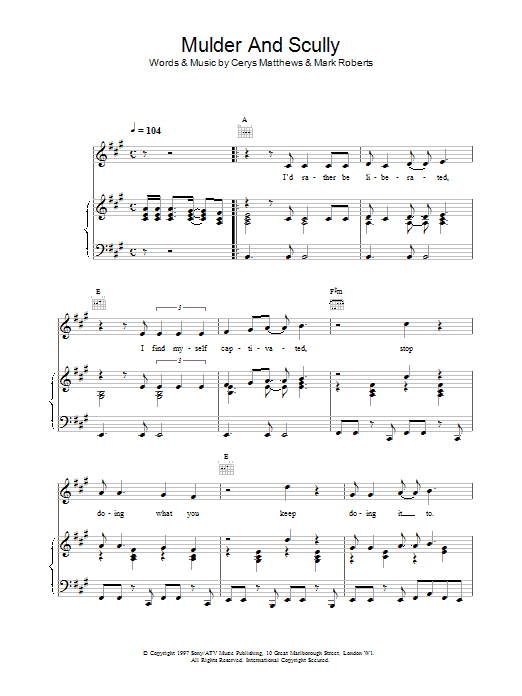 Catatonia Mulder & Scully sheet music notes and chords arranged for Piano, Vocal & Guitar Chords