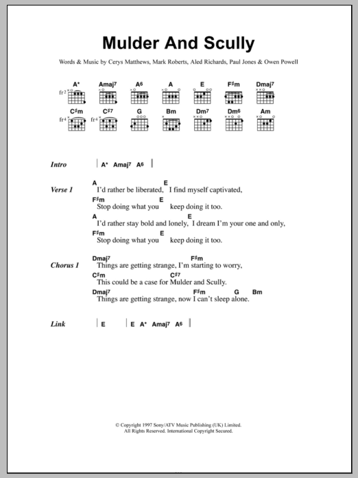 Catatonia Mulder And Scully sheet music notes and chords arranged for Guitar Chords/Lyrics